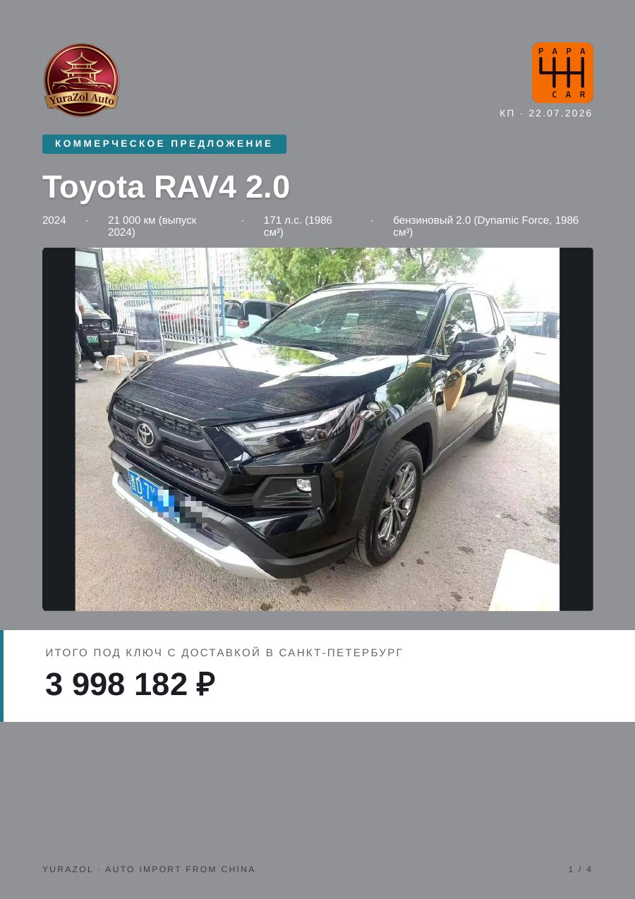 Коммерческое предложение Toyota RAV4 2.0, 2024 • 21 000 км